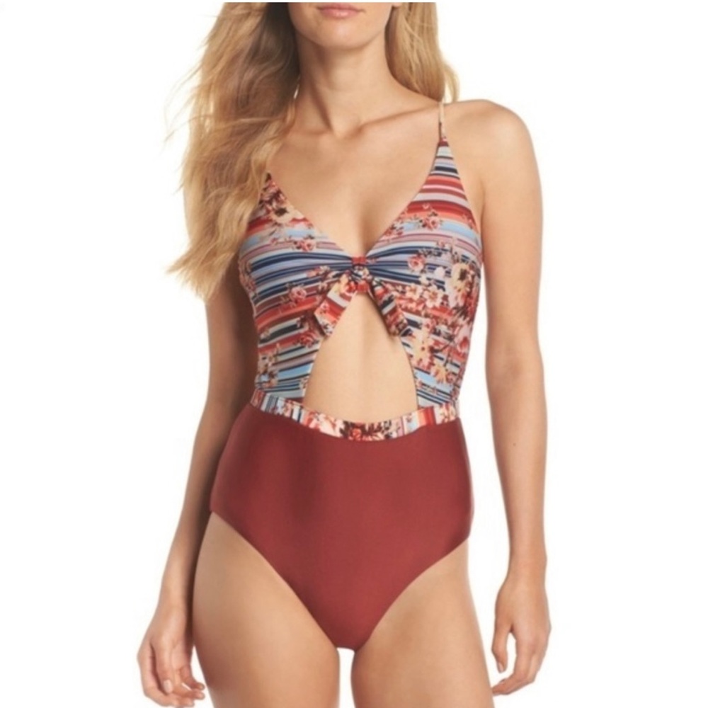 BCA by Rebecca Virtue Love Letters Floral Stripe Cutout One Piece Swimsuit NWT